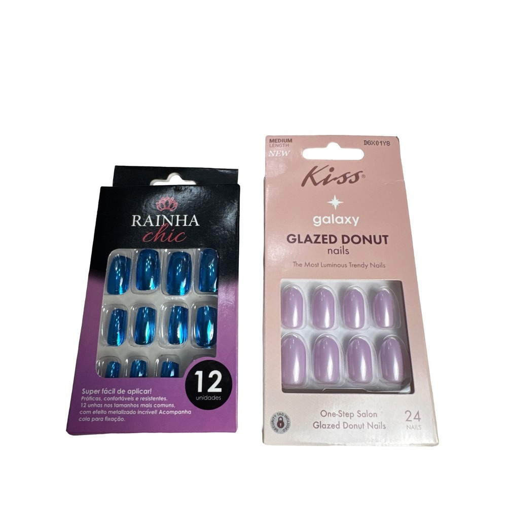 Press On‎ False Nails Bundle Lot of 2 Kiss Glazed Donut Blue Chrome NWT Chic